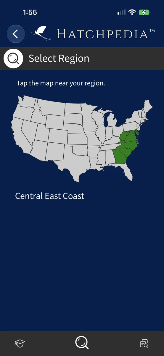 Select Region screen with the Central East Coast highlighted on a map.